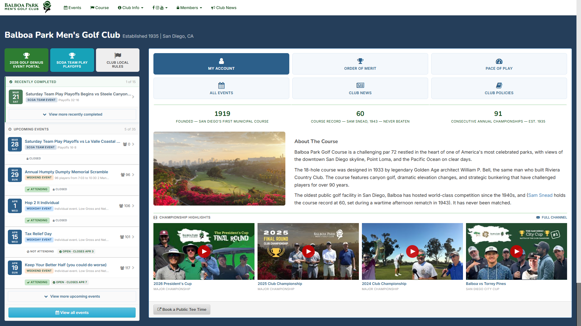 Play Fast Golf member dashboard